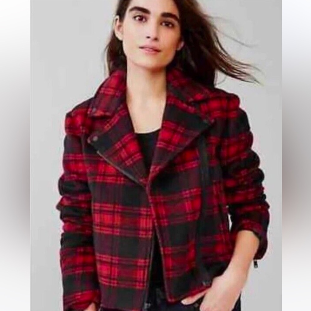 GAP Women's Red and Black Plaid Bomber Jacket